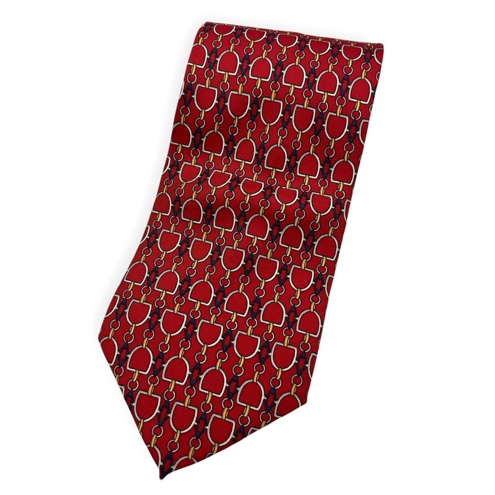 Vintage Paolo Gucci Men's Tie Red Gold Links Equestrian Stirrup Bridle 60in